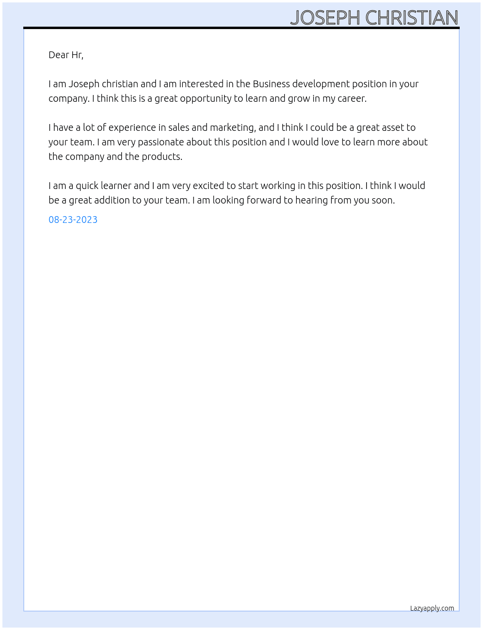 Business development  At Shampooch Cover Letter