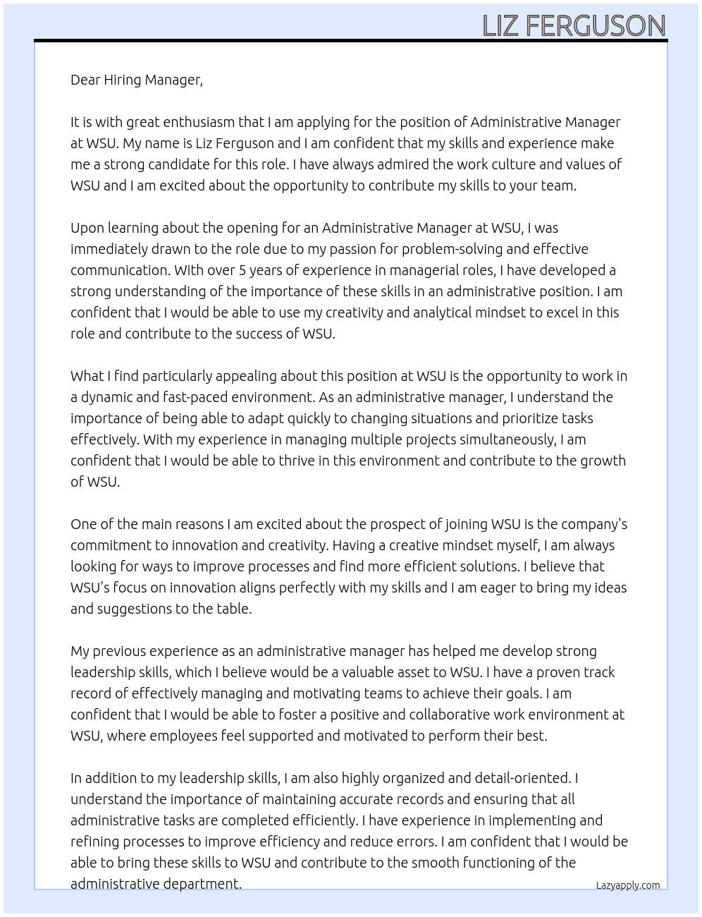 Administrative Manager At WSU Cover Letter