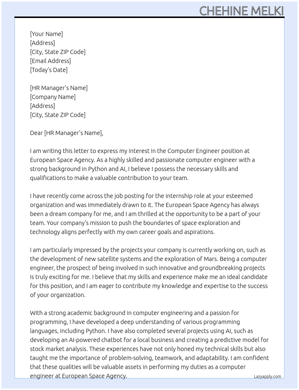 Computer engineer At European Space Agency Cover Letter