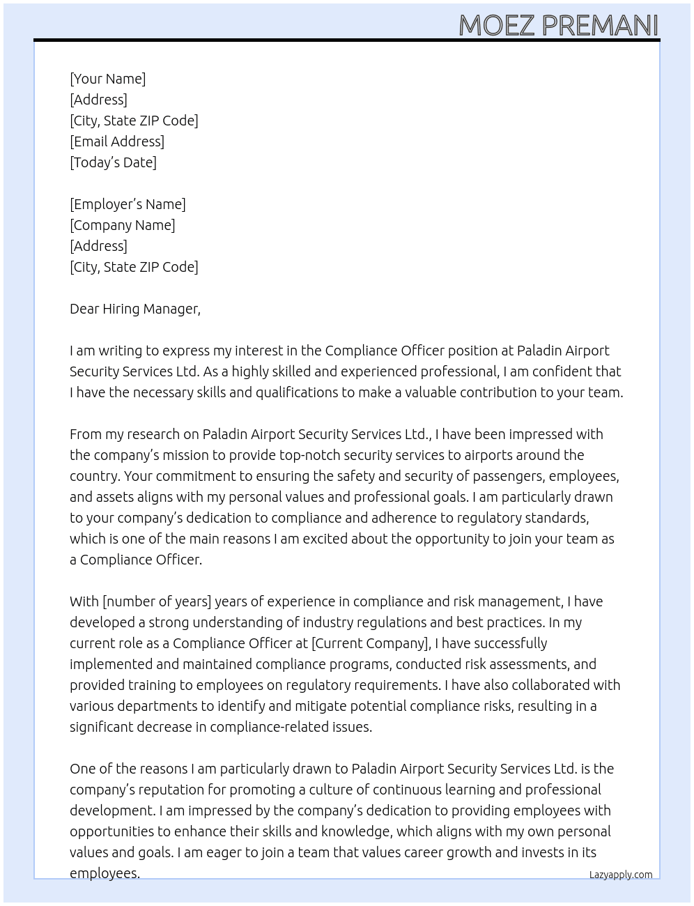 Compliance Officer At Paladin Airport Security Services Ltd. Cover Letter