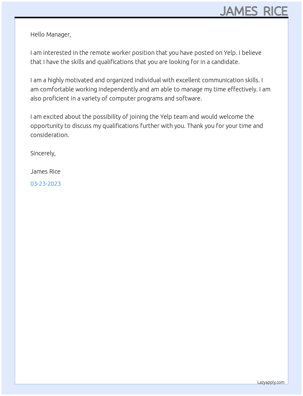 Remote worker At Yelp Cover Letter