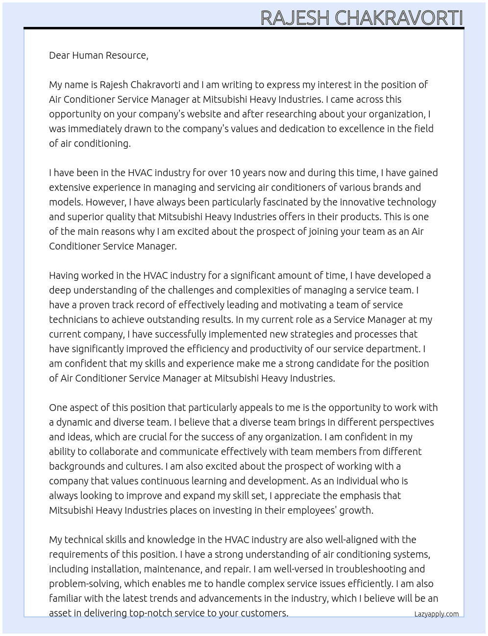 Air Conditioner Service Manager At Mitsubishi Heavy Industries Cover Letter