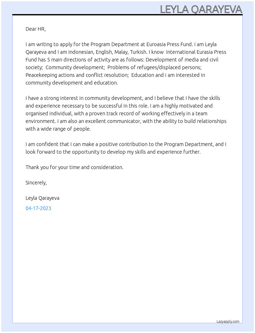 Program Department at Euroasia Press Fund At International Eurasia Press Fund Cover Letter