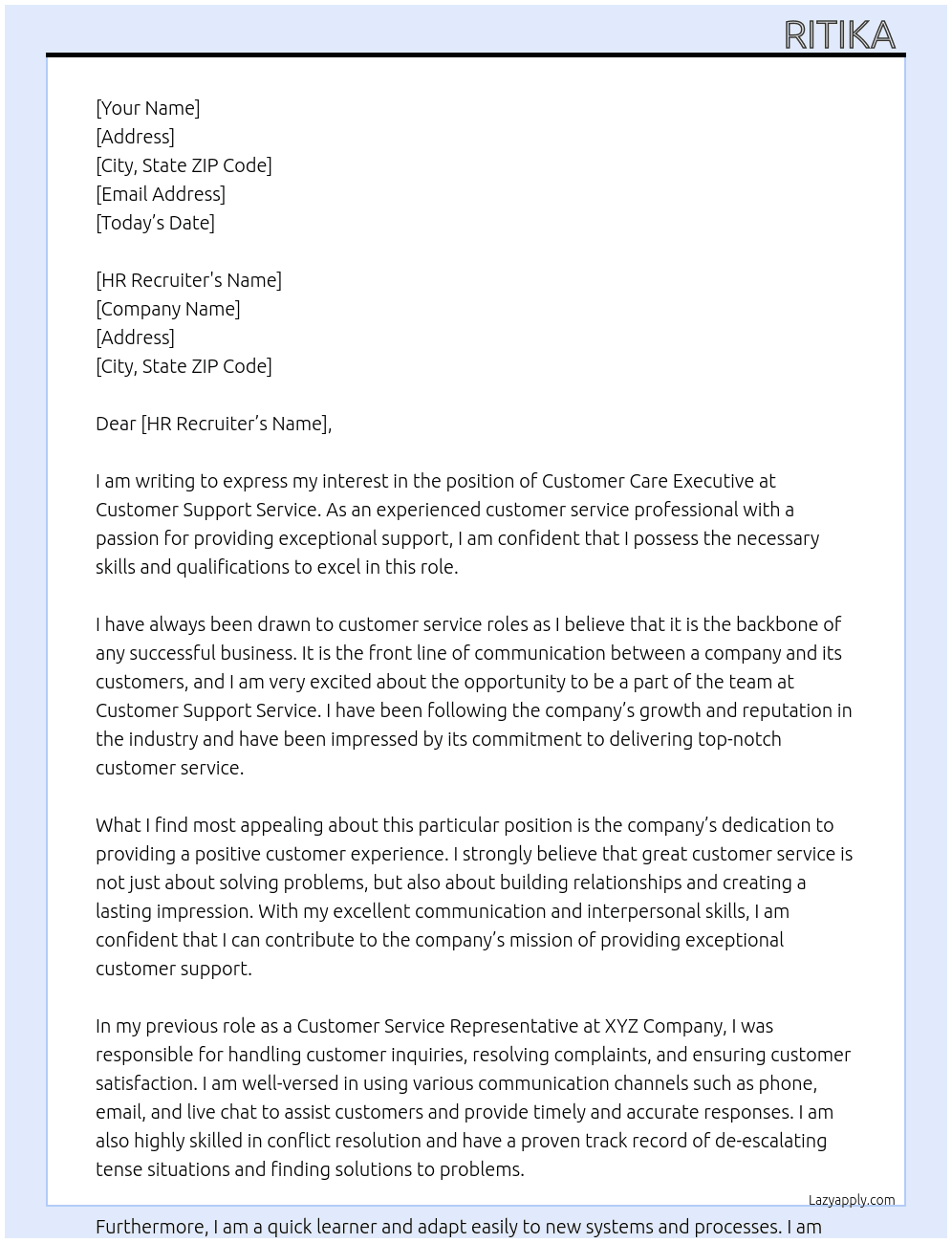 Customer care executive  At Customer support service  Cover Letter