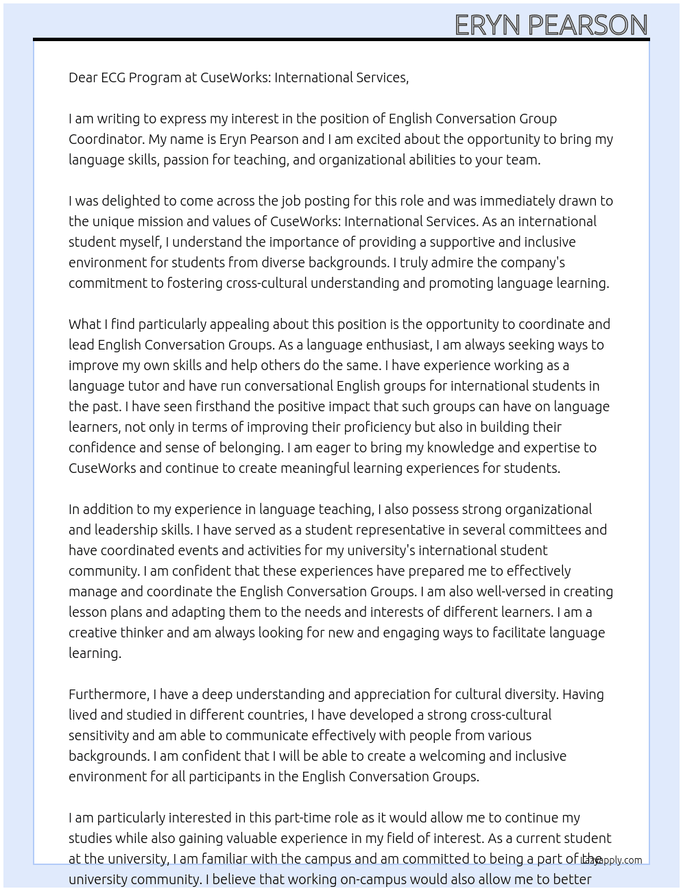 English Conversation Group Coordinator At 'CuseWorks: International Services Cover Letter