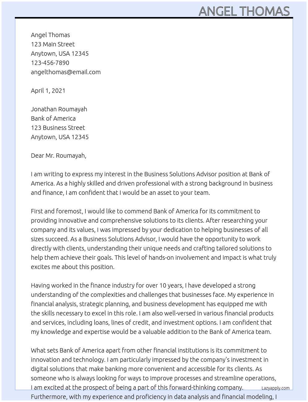 Business solutions advisor  At Bank of America  Cover Letter