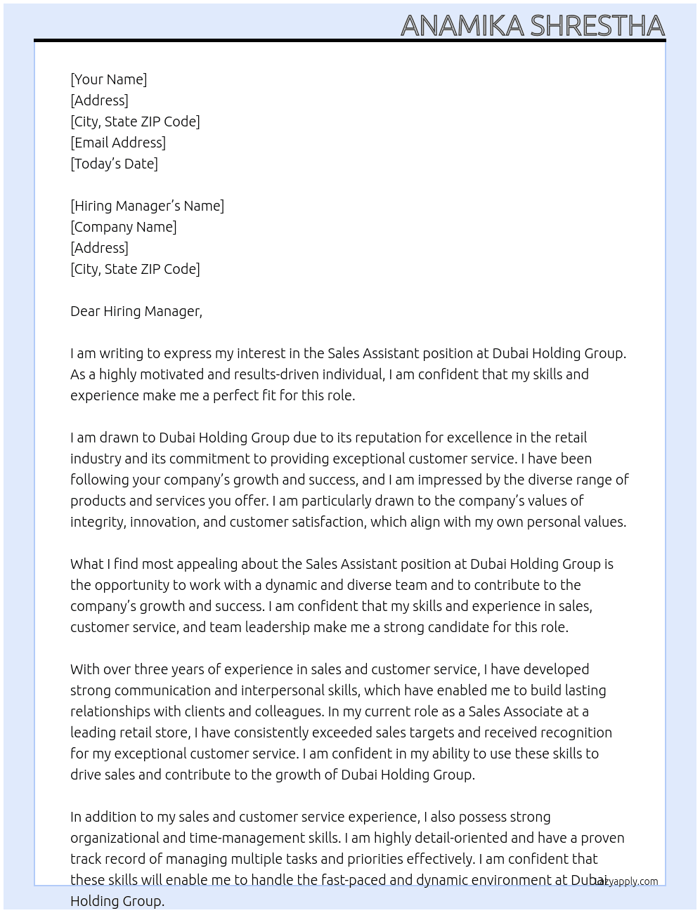 sales assistant At dubai holding group Cover Letter