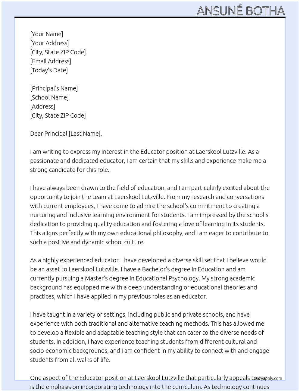 Educator At Laerskool Lutzville Cover Letter