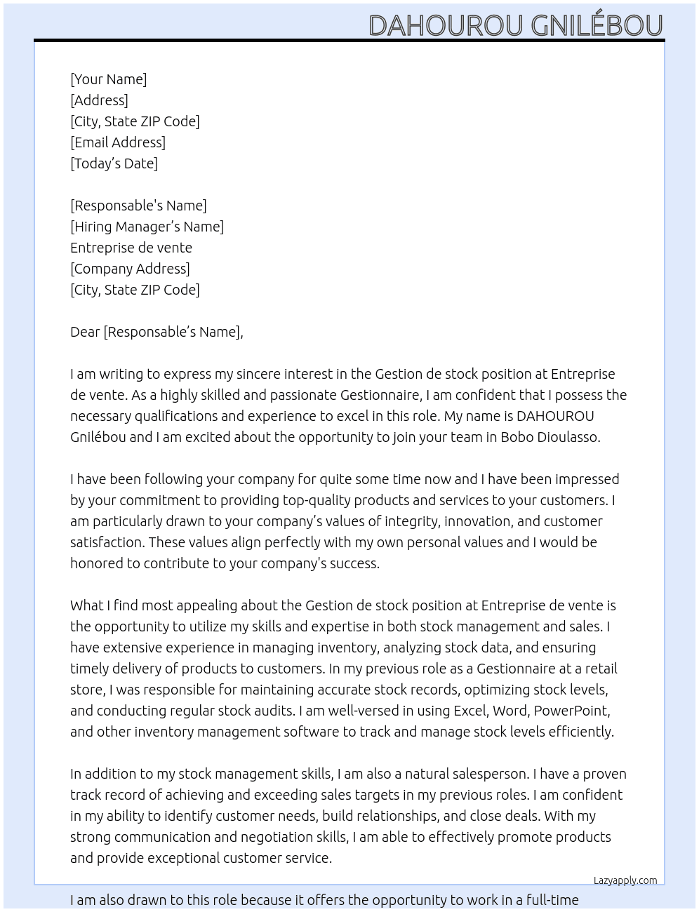 Gestion de stock  At Entreprise de vente  Cover Letter