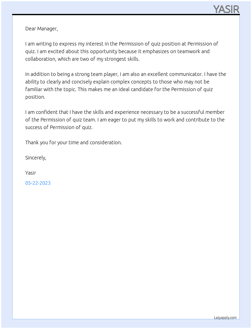 Permission  At Permission of quiz  Cover Letter