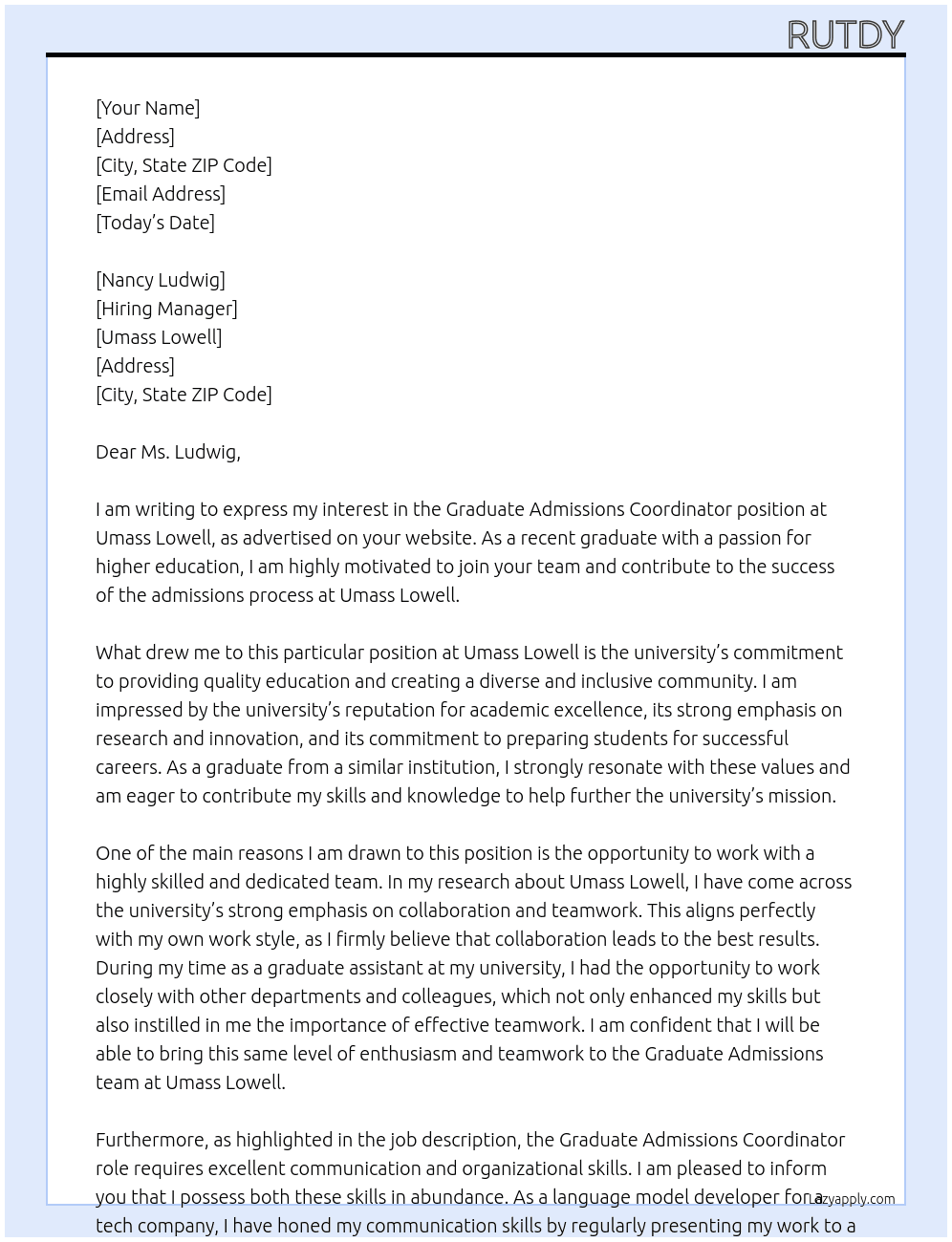 Graduate Admissions Coordinator At Umass Lowell Cover Letter