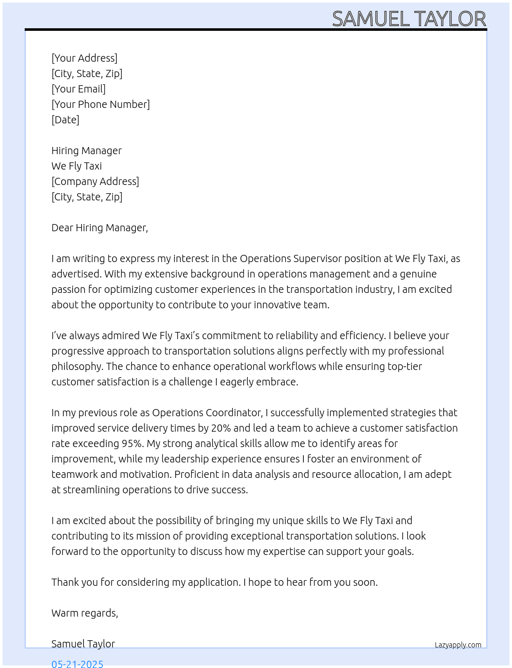 Operations Supervisor At We Fly Taxi Cover Letter