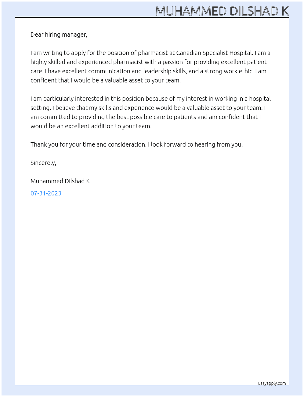 Pharmacist At Canadian Specialist Hospital Cover Letter
