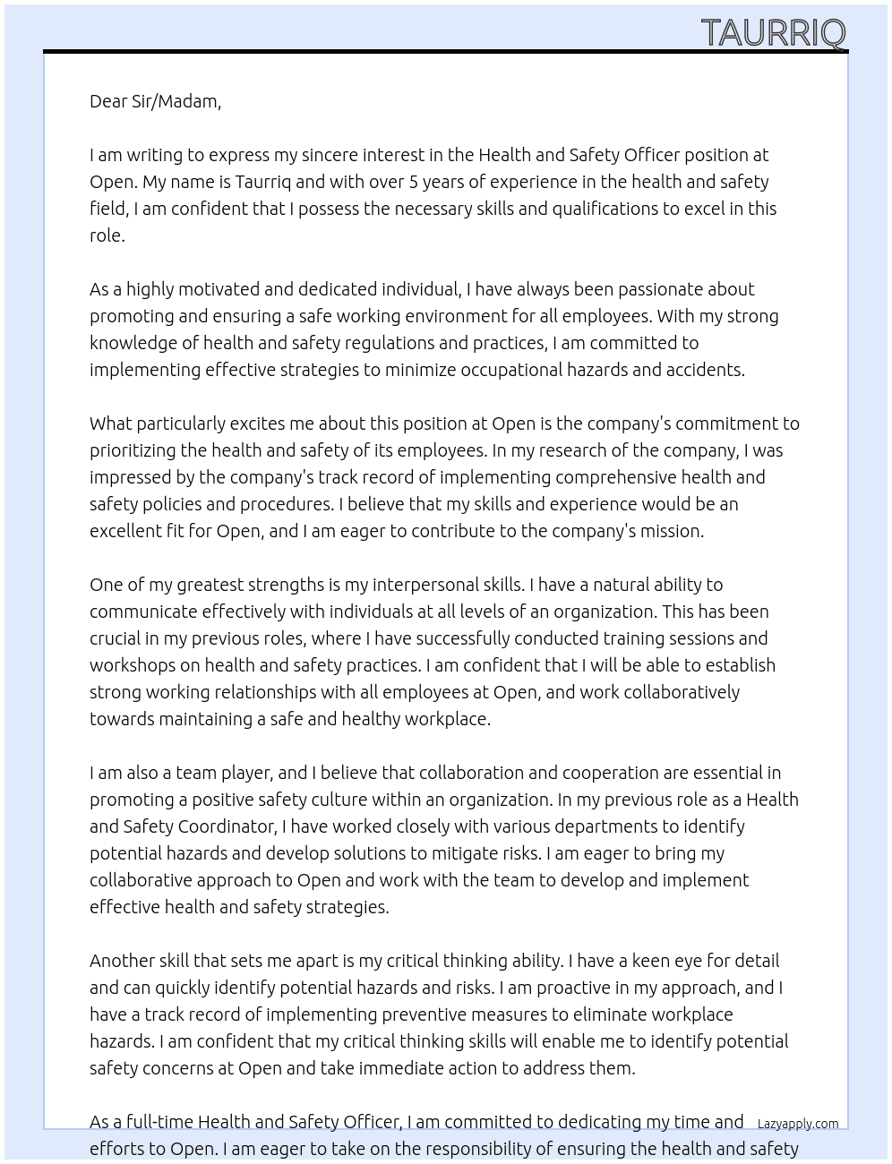 Health and Safety Officer At Open Cover Letter