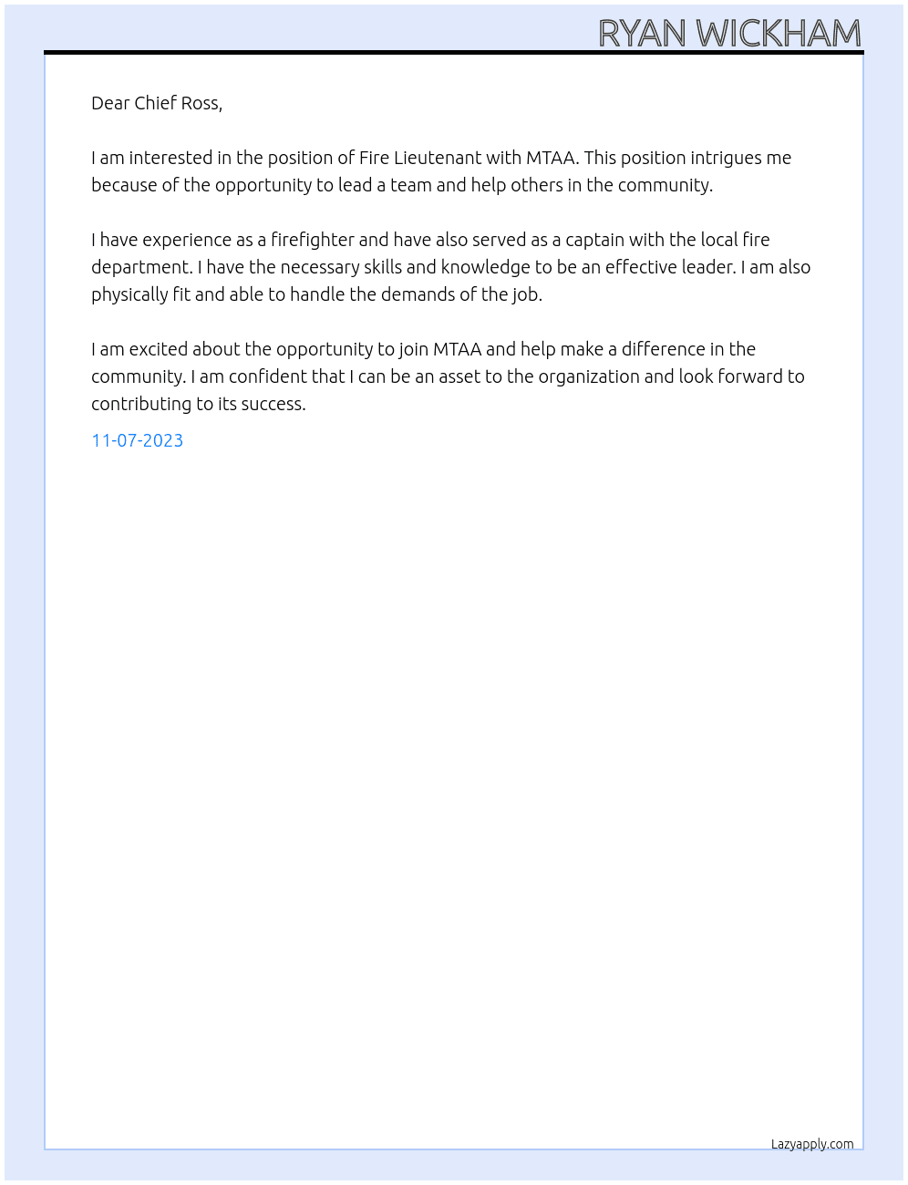 Fire Lieutenant At MTAA  Cover Letter