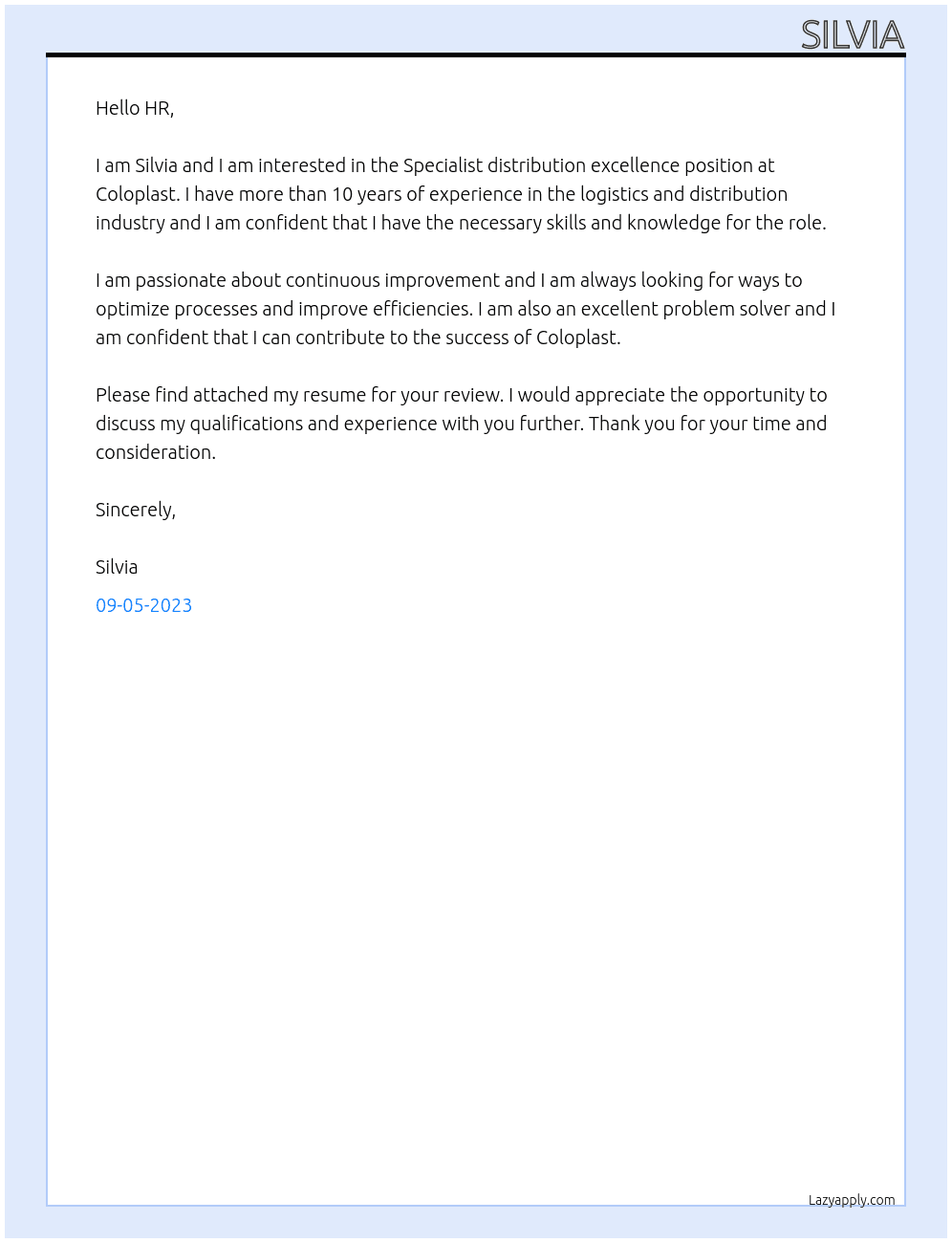 Specialist distribution excellence At Coloplast Cover Letter