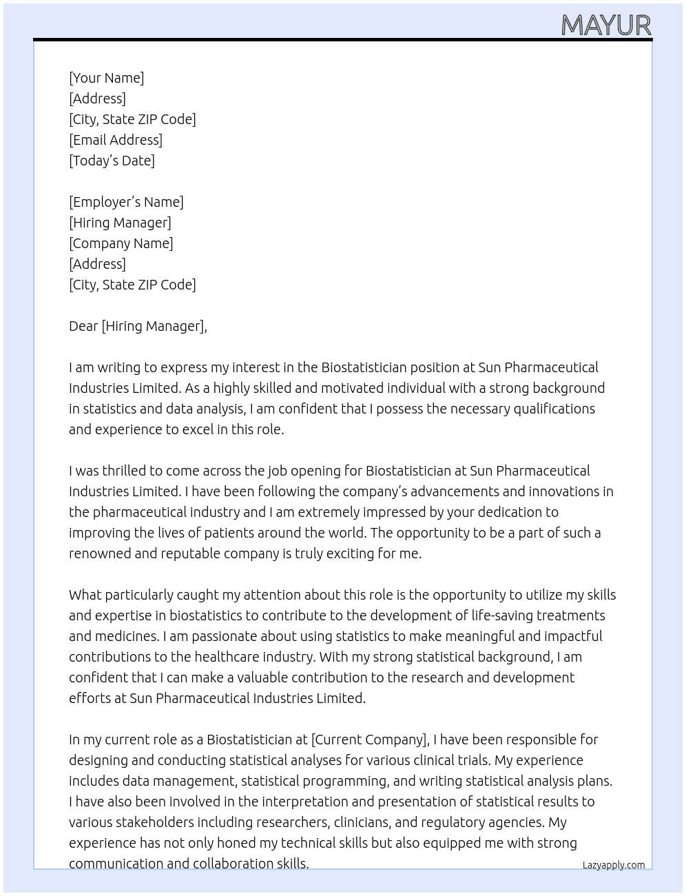 Biostatististician At Sun Pharmaceutical Industries Limited Cover Letter