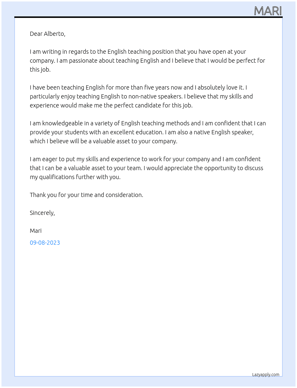 English teacher At abroad Cover Letter
