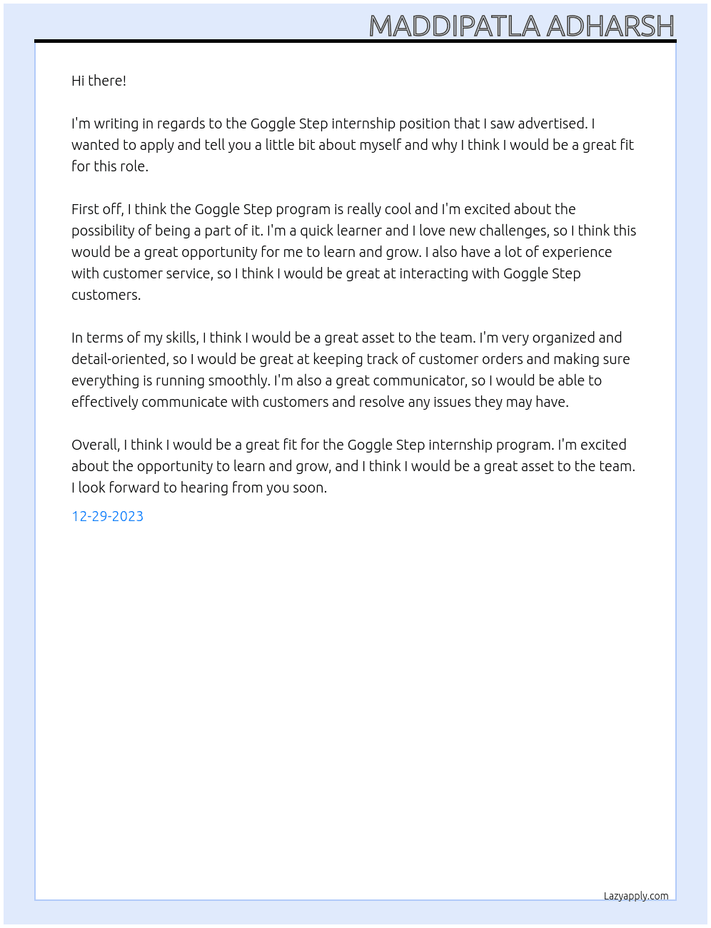 Goggle step Intership  At Goggle step Intership  Cover Letter