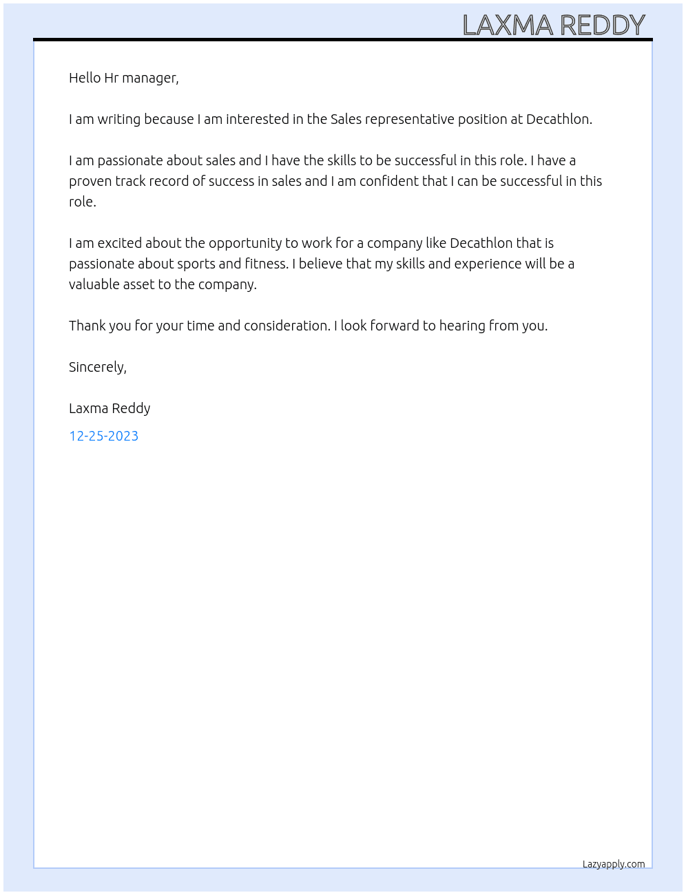 Sales representative  At DECATHLON  Cover Letter