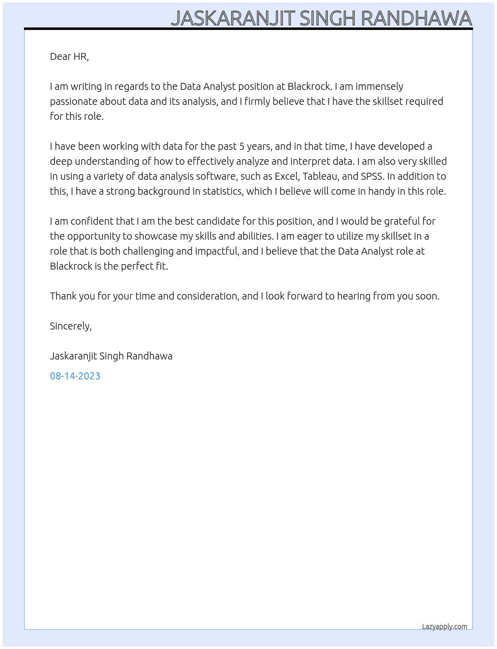Data Analyst At Blackrock Cover Letter
