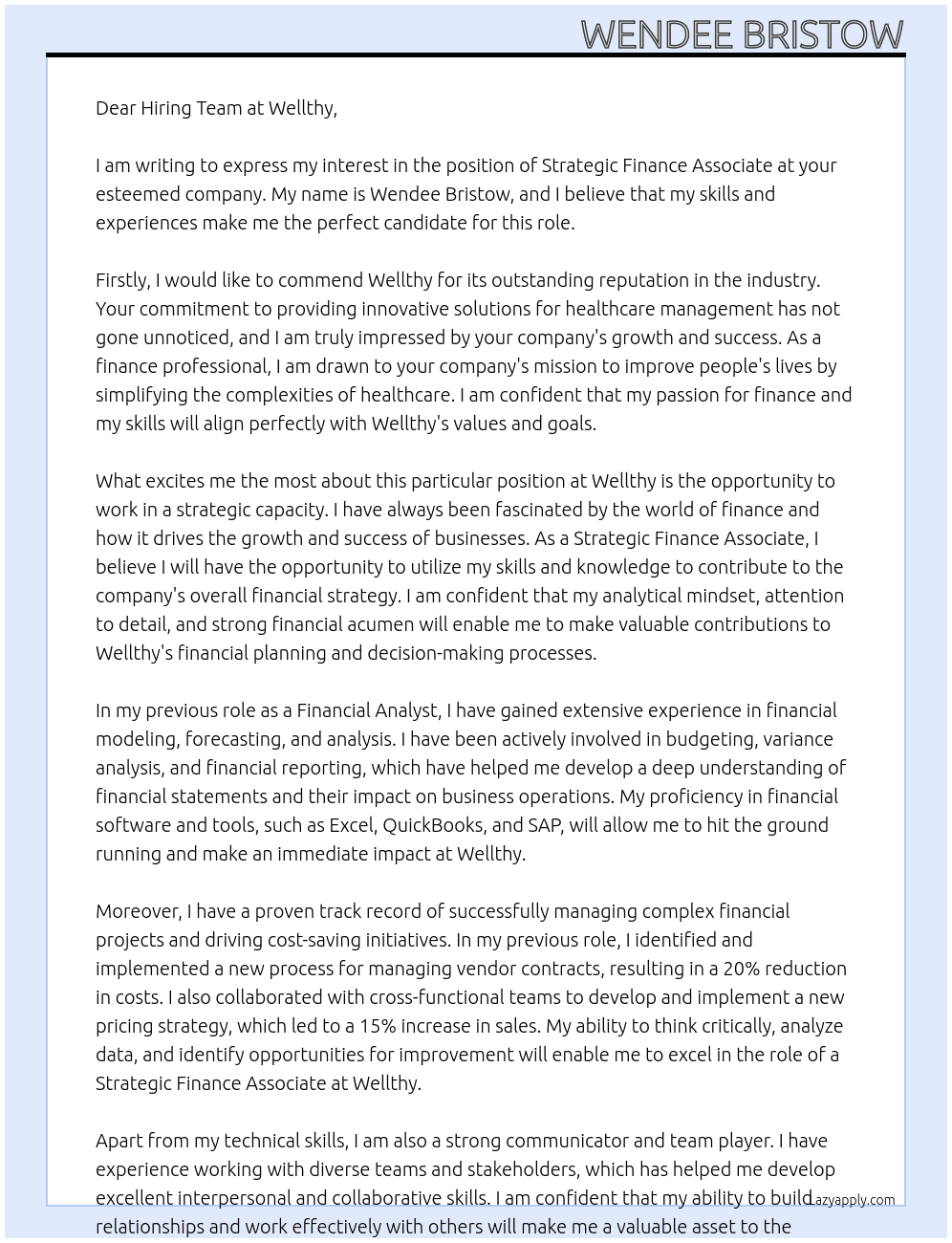 strategic finance associate At wellthy Cover Letter