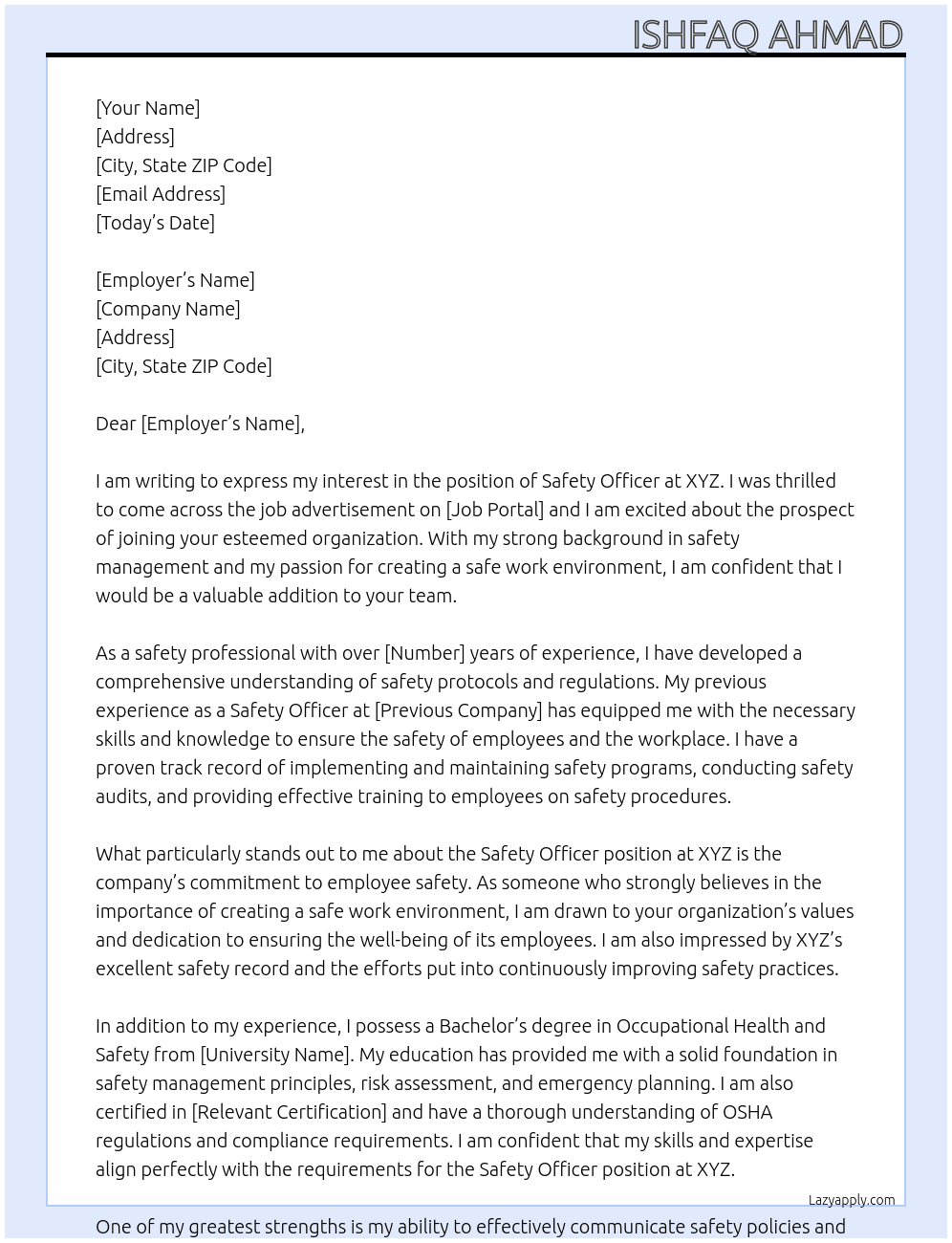safety officer At xyz Cover Letter
