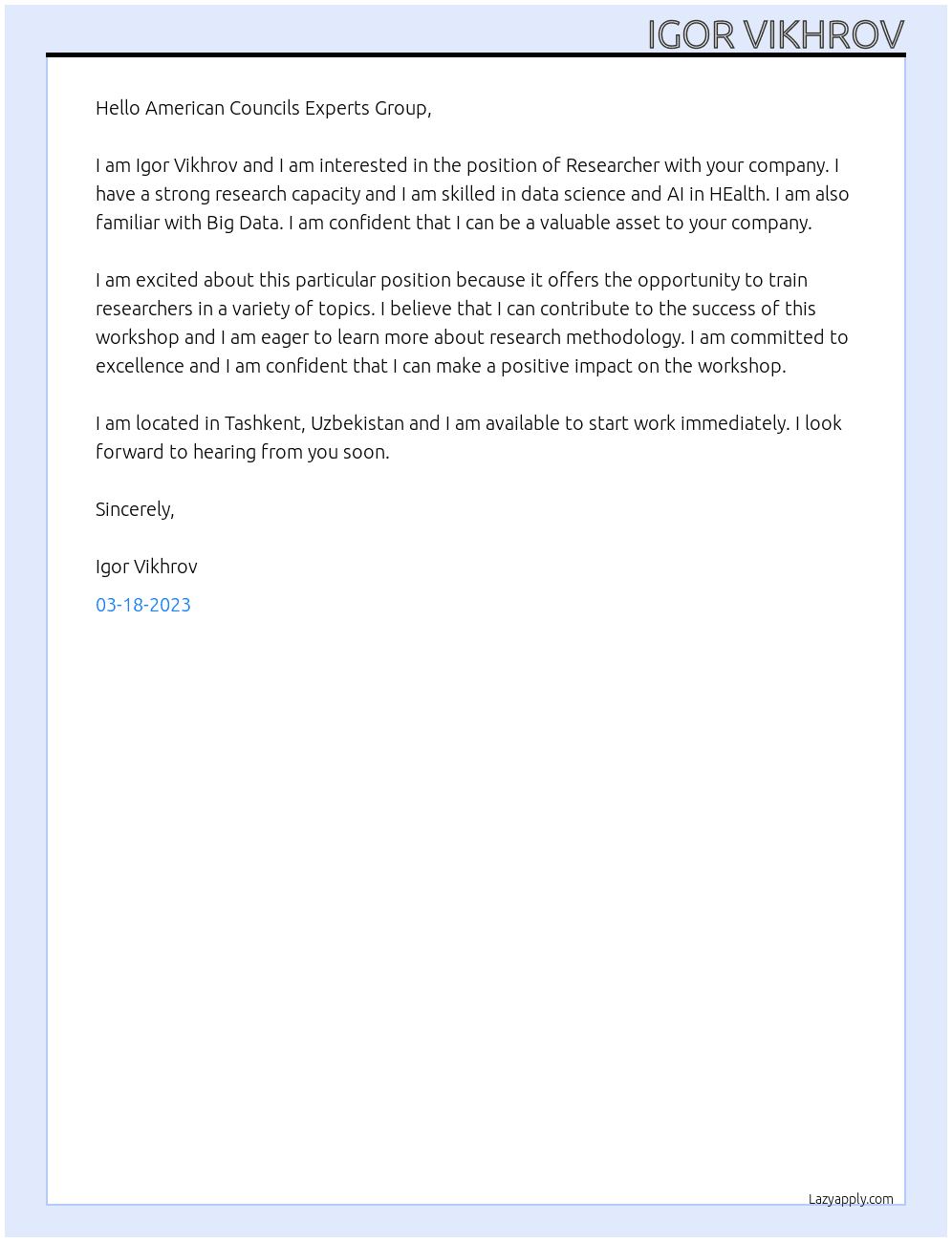 Researcher  At UniCEN Advanced Research Methodology Workshop  Tashkent, Uzbekistan Cover Letter