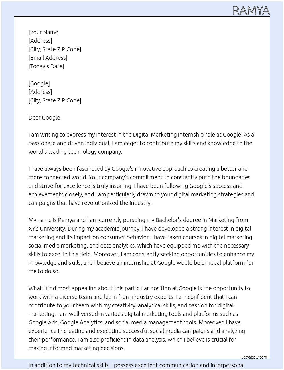 Digital marketing At Google Cover Letter
