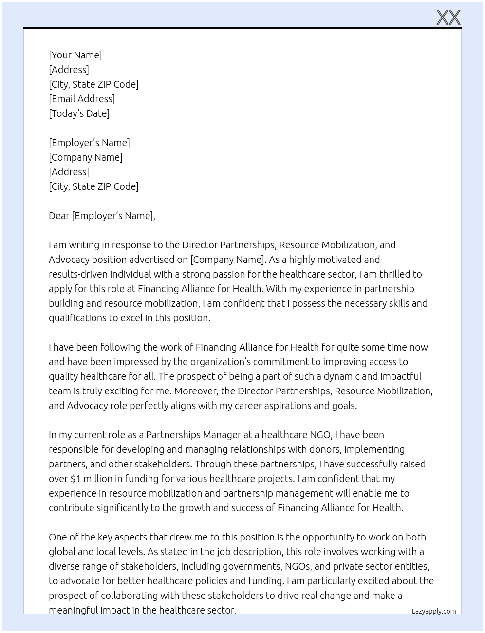 Director Partnerships, Resource Mobilization and Advocacy At Financing alliance for health Cover Letter