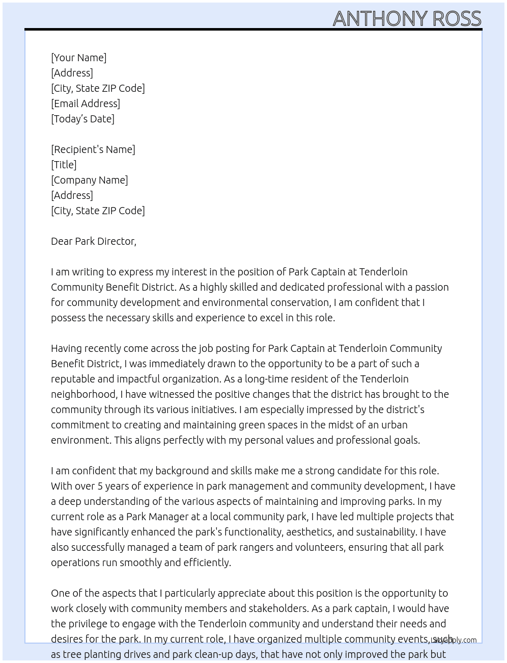 Park captain  At Tenderloin community benefit district  Cover Letter