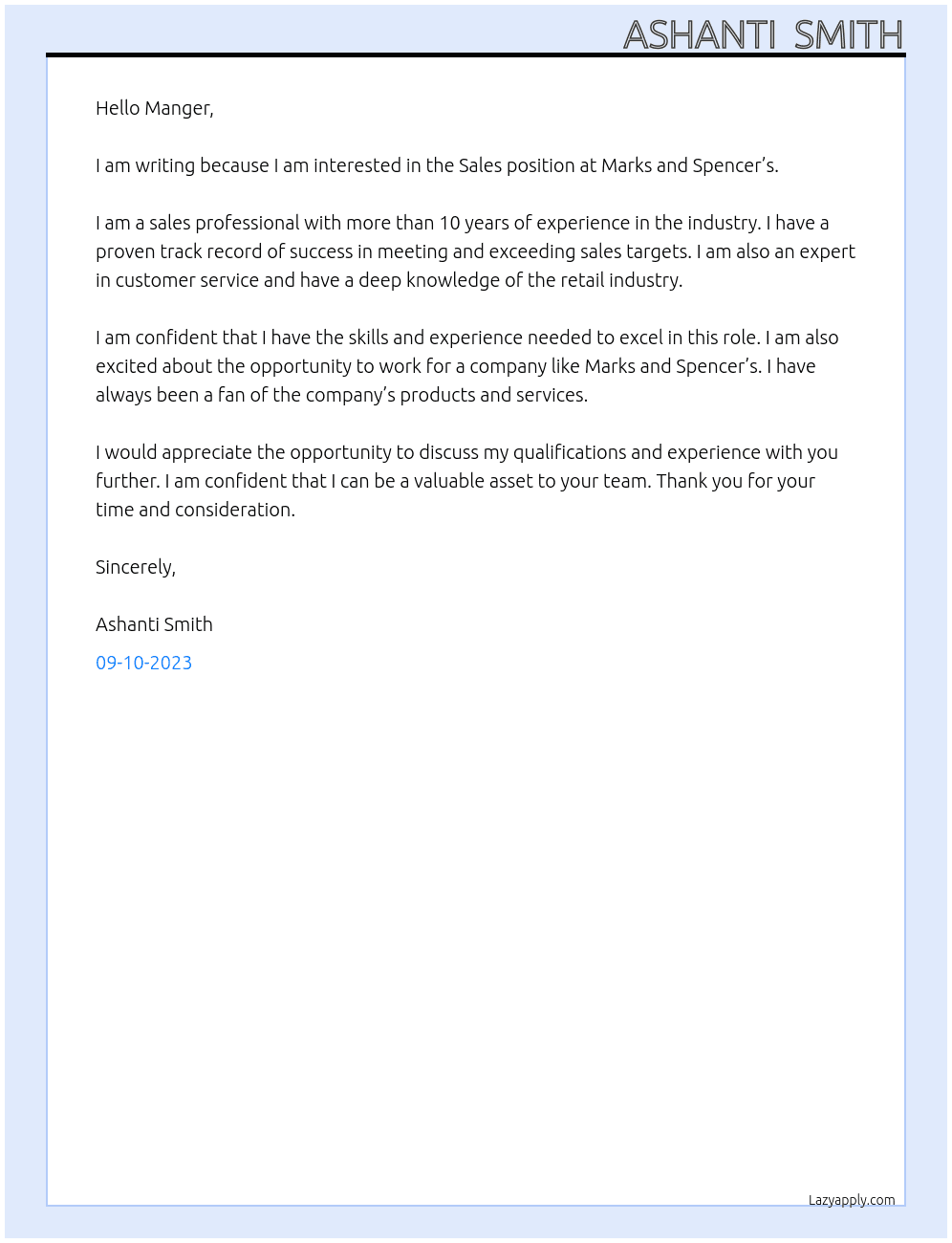 Sales At Marks and Spencer’s  Cover Letter