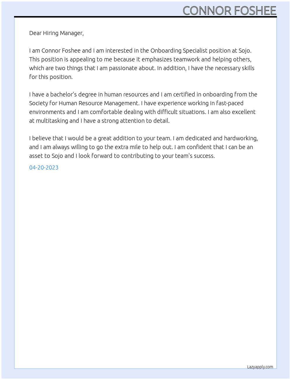 Onboarding Specialist At Sojo Cover Letter