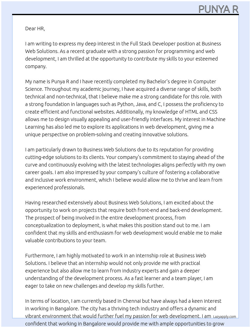 Full stack developer  At Business web solutions  Cover Letter