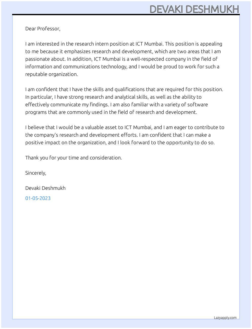 research intern At ICT Mumbai Cover Letter