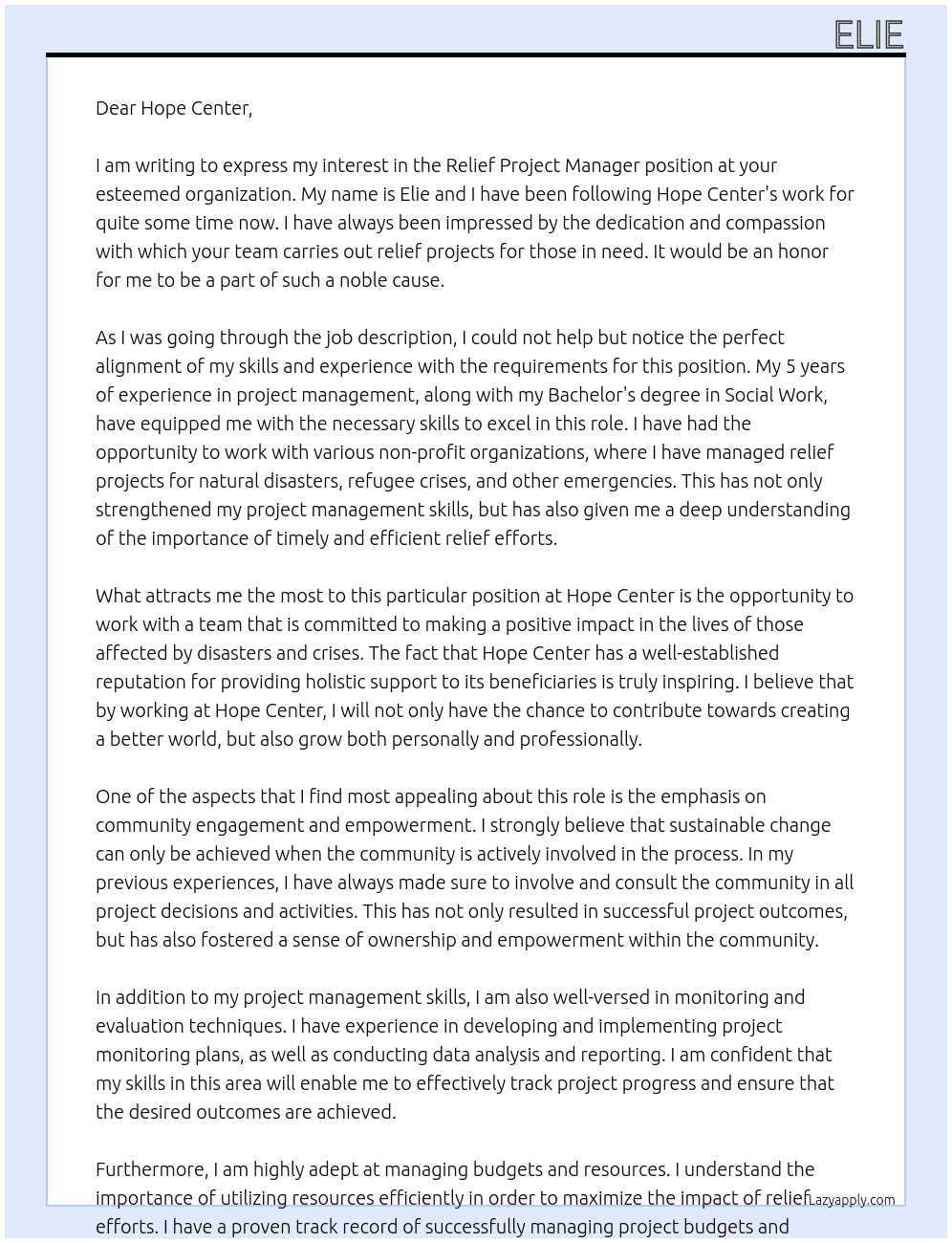 Relief project manager  At Hope center  Cover Letter
