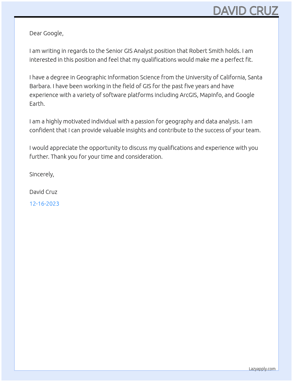 Senior GIS analyst  At Google Cover Letter