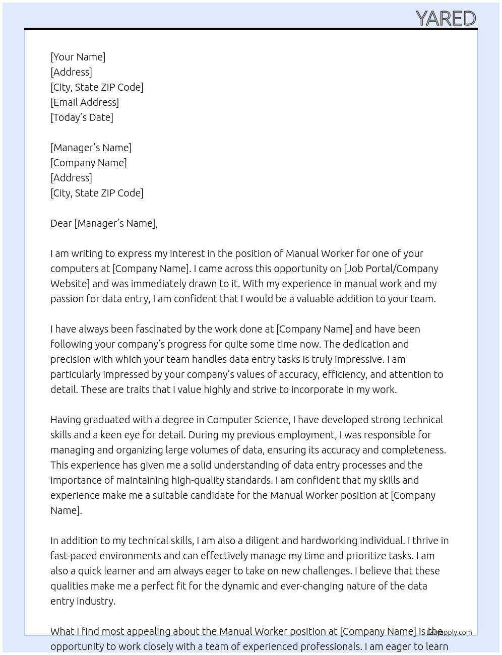 Manual work on my 1 of my pcs At Data entry Cover Letter