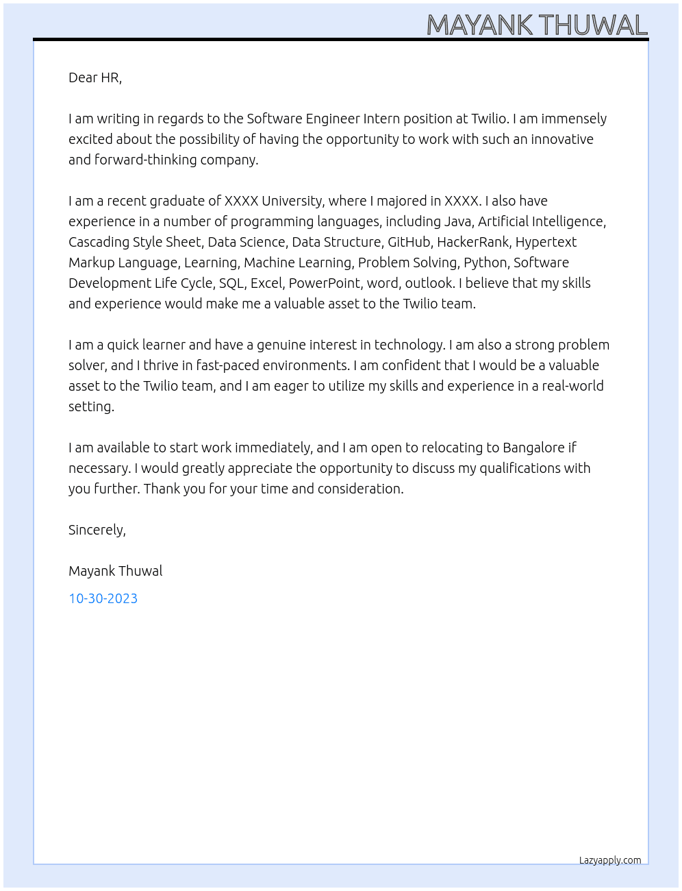 Software Engineer Intern  At Twilio Cover Letter