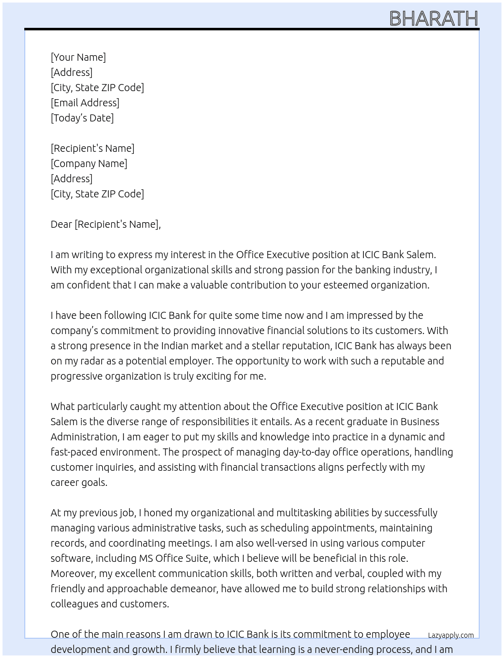 office executive At icic bank Cover Letter