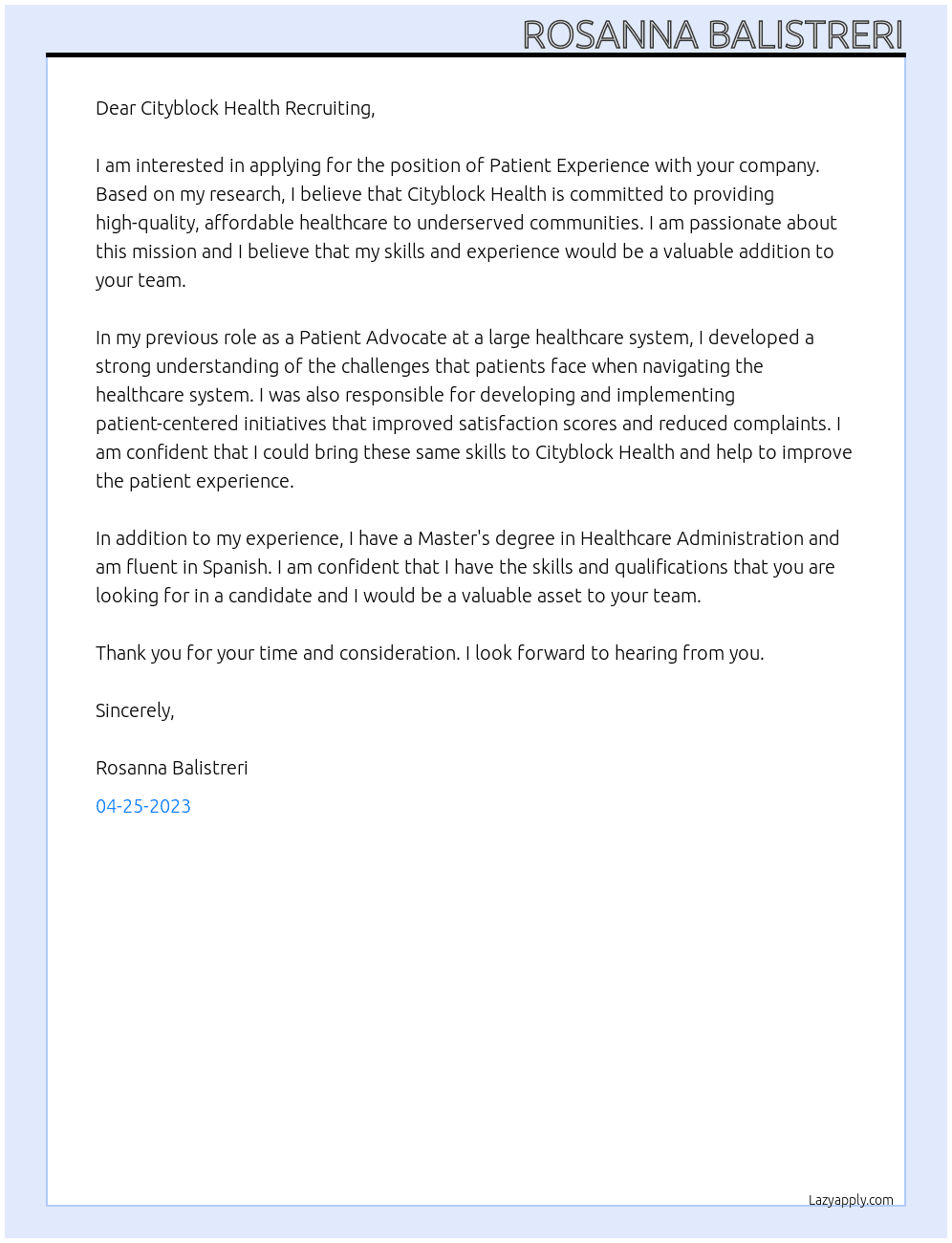 Patient experience At Cityblock Health Cover Letter