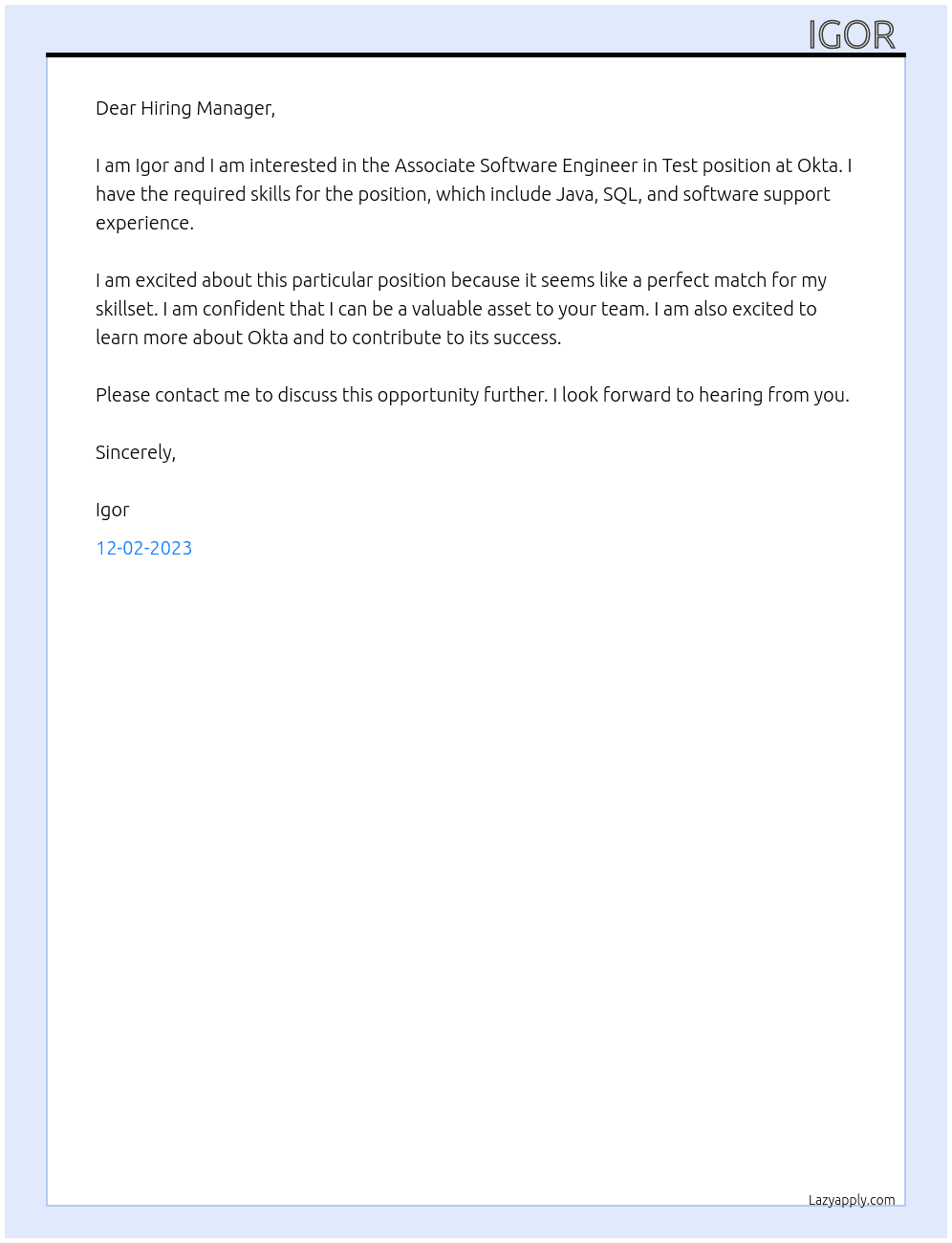 Associate Software engineer in test  At Okta Cover Letter