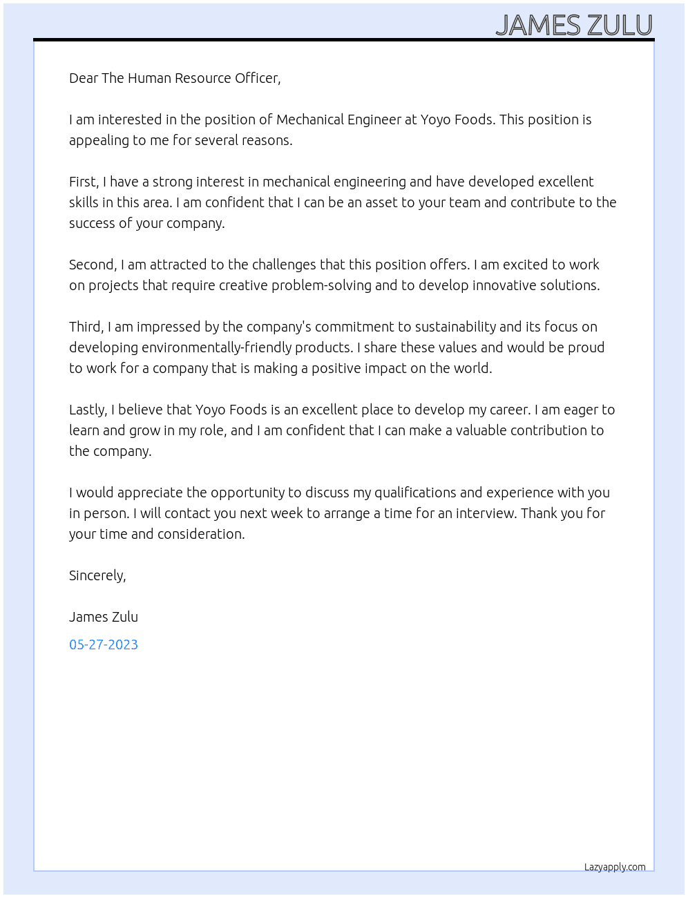 Mechanical Engineer At Yoyo Foods Cover Letter