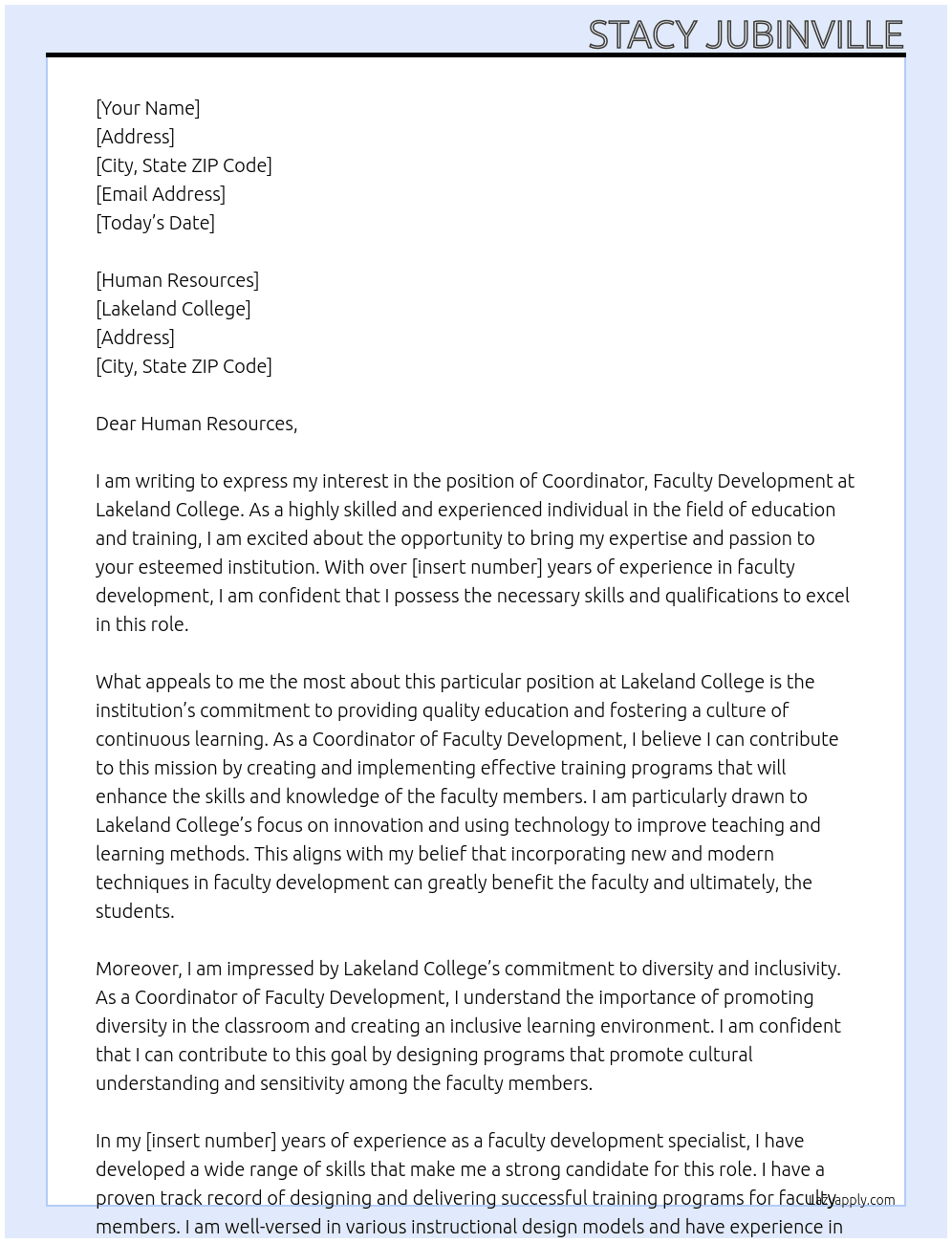 Coordinator, Faculty Development At Lakeland College Cover Letter