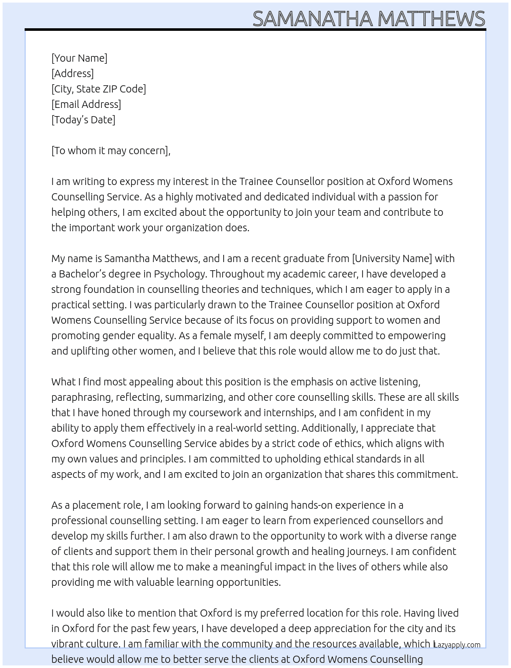 Trainee Counsellor At Oxford Womens Counselling Service Cover Letter