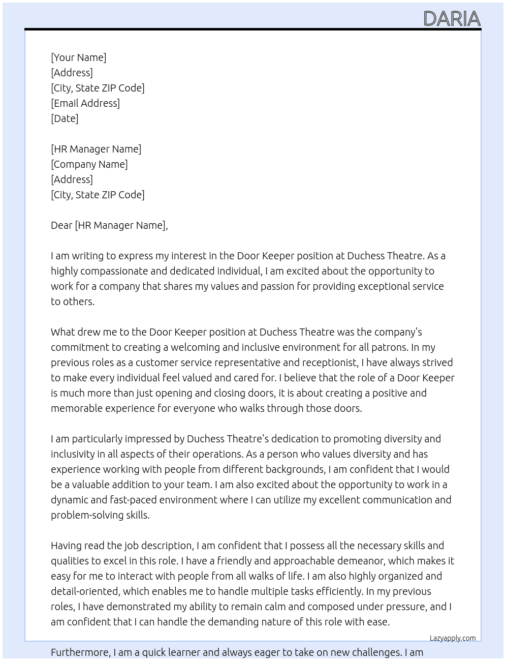 Door keeper At Duchess Theatre Cover Letter