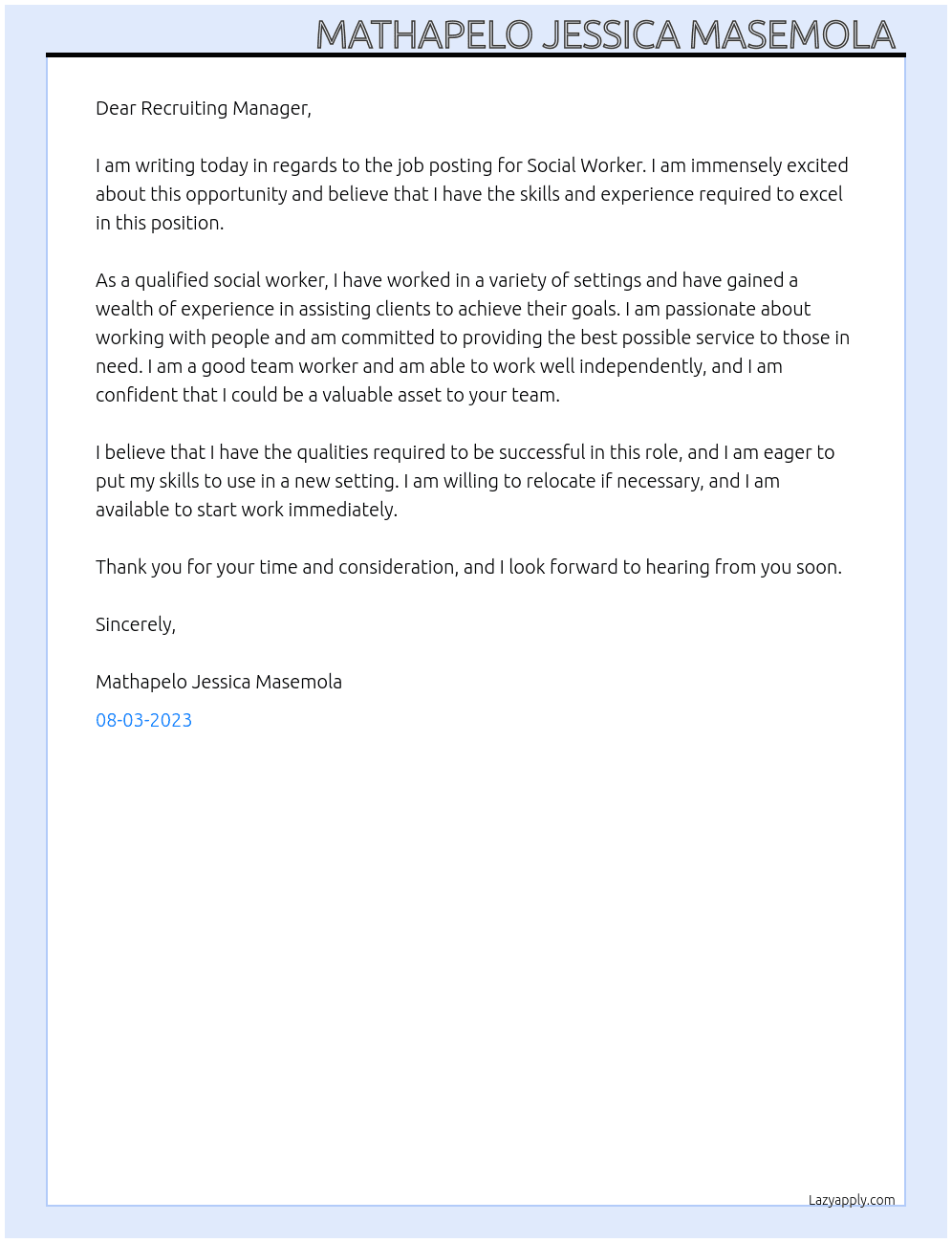 SOCIAL WORKER  At Wits  Cover Letter