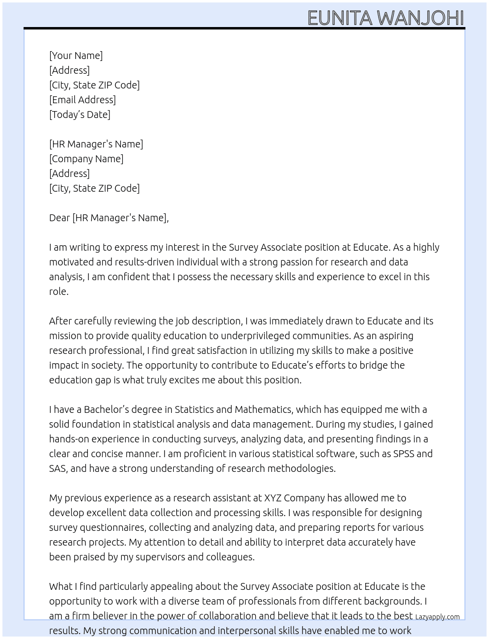 survey associate At Educate Cover Letter