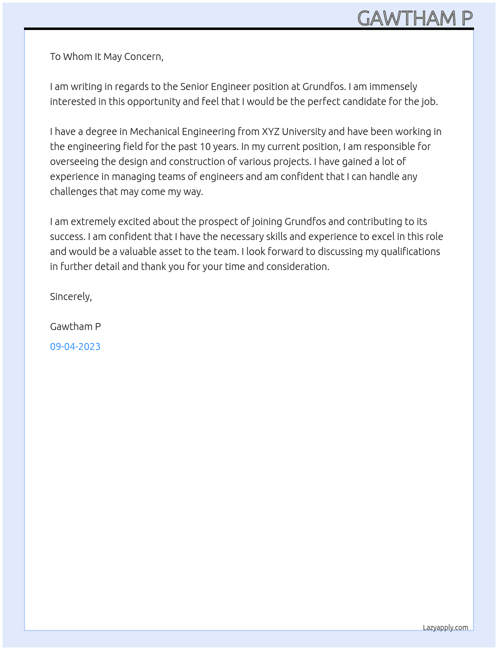 Senior Engineer  At Grundfos Cover Letter