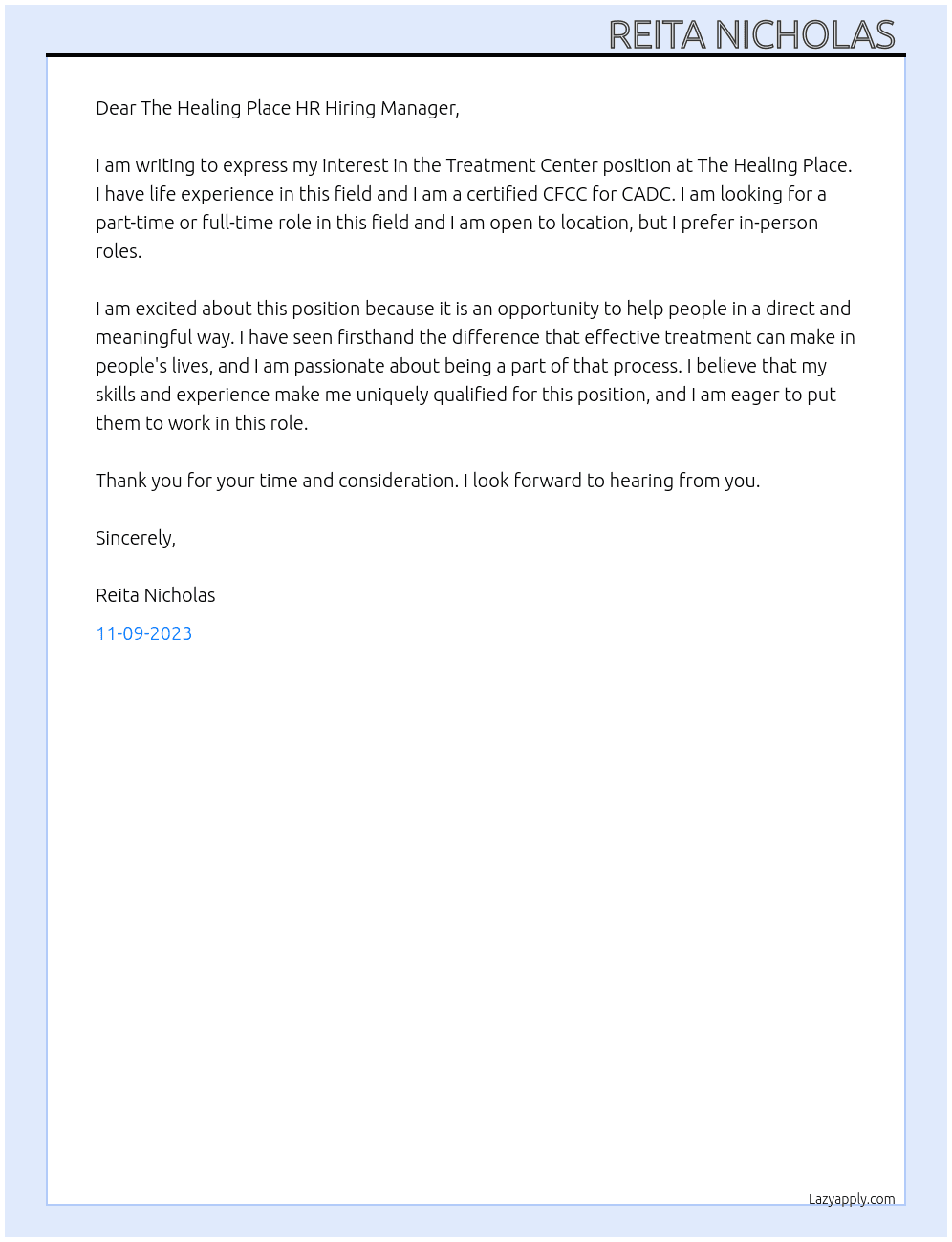 Treatment Center  At The Healing Place  Cover Letter